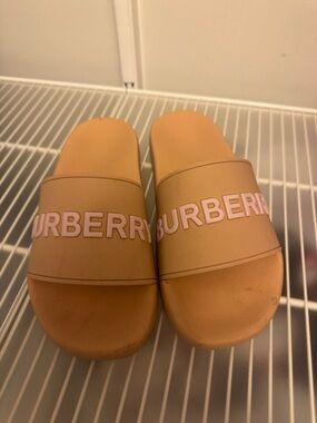 Burberry Beige Logo Slide Sandals with Pale Pink Lettering